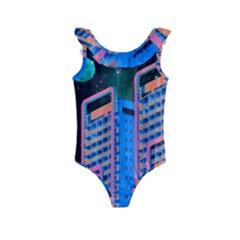 Fantasy City Architecture Building Cityscape Kids  Frill Swimsuit by Cemarart