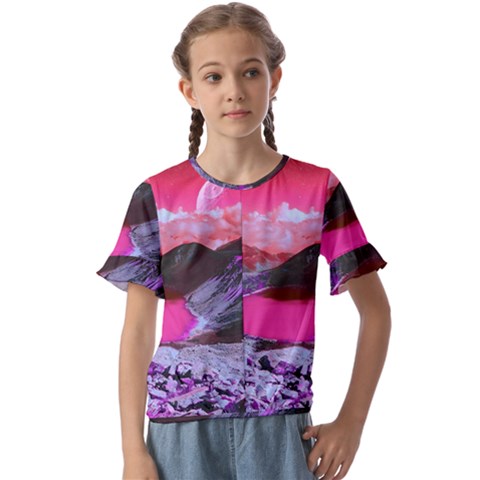 Late Night Feelings Aesthetic Clouds Color Manipulation Landscape Mountain Nature Surrealism Psicode Kids  Cuff Sleeve Scrunch Bottom T-shirt by Cemarart