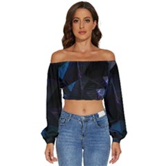 Abstract, Black, Purple, Long Sleeve Crinkled Weave Crop Top by nateshop