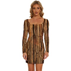 Brown Wooden Texture Long Sleeve Square Neck Bodycon Velvet Dress by nateshop