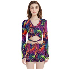 Colorful Floral Patterns, Abstract Floral Background Velvet Wrap Crop Top And Shorts Set