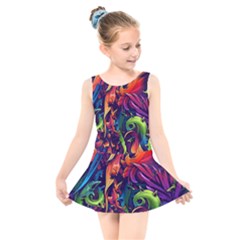 Colorful Floral Patterns, Abstract Floral Background Kids  Skater Dress Swimsuit