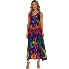 Colorful Floral Patterns, Abstract Floral Background V-neck Sleeveless Loose Fit Overalls