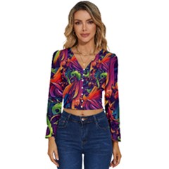 Colorful Floral Patterns, Abstract Floral Background Long Sleeve V-neck Top