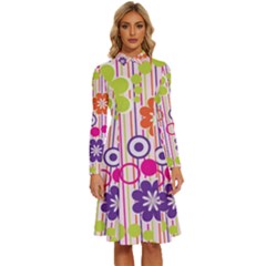 Colorful Flowers Pattern Floral Patterns Long Sleeve Shirt Collar A-line Dress