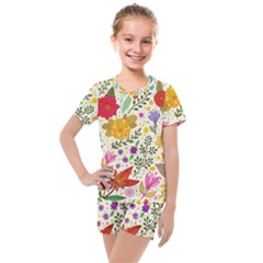 Colorful Flowers Pattern, Abstract Patterns, Floral Patterns Kids  Mesh T-shirt And Shorts Set