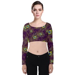 Feathers, Peacock, Patterns, Colorful Velvet Long Sleeve Crop Top by nateshop