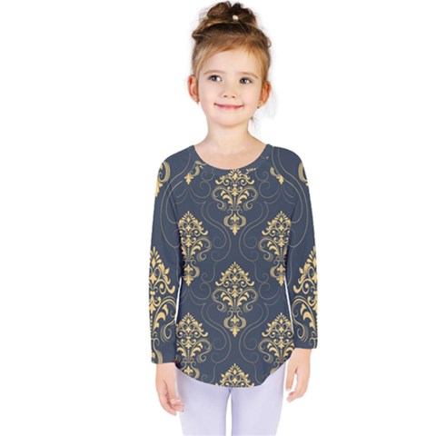 Floral Damask Pattern Texture, Damask Retro Background Kids  Long Sleeve T-shirt by nateshop