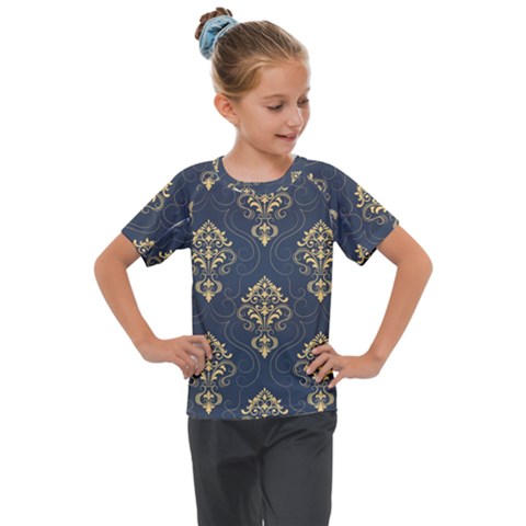 Floral Damask Pattern Texture, Damask Retro Background Kids  Mesh Piece T-shirt by nateshop