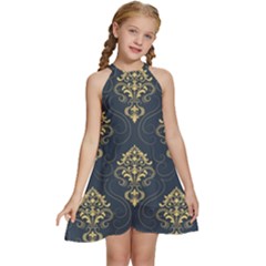 Floral Damask Pattern Texture, Damask Retro Background Kids  Halter Collar Waist Tie Chiffon Dress by nateshop