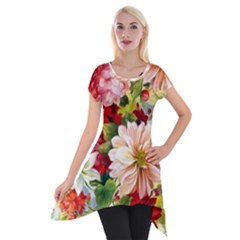 Painted Flowers Texture, Floral Background Short Sleeve Side Drop Tunic by nateshop