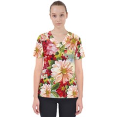 Painted Flowers Texture, Floral Background Women s V-neck Scrub Top by nateshop
