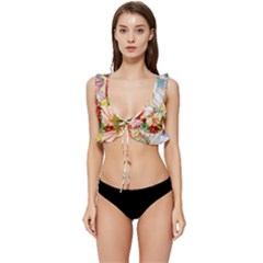 Painted Flowers Texture, Floral Background Low Cut Ruffle Edge Bikini Top