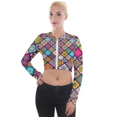 Pattern, Colorful, Floral, Patter, Texture, Tiles Long Sleeve Cropped Velvet Jacket