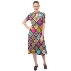 Pattern, Colorful, Floral, Patter, Texture, Tiles Keyhole Neckline Chiffon Dress by nateshop