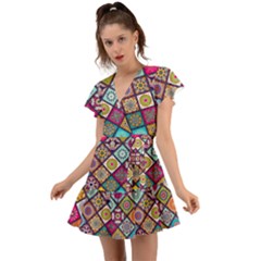 Pattern, Colorful, Floral, Patter, Texture, Tiles Flutter Sleeve Wrap Dress by nateshop