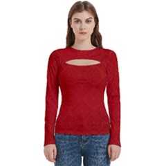 Red Chinese Background Chinese Patterns, Chinese Women s Cut Out Long Sleeve T-shirt by nateshop