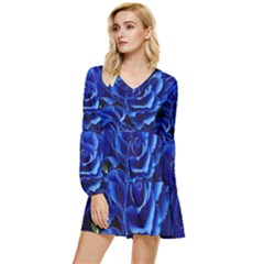 Blue Roses Flowers Plant Romance Blossom Bloom Nature Flora Petals Tiered Long Sleeve Mini Dress