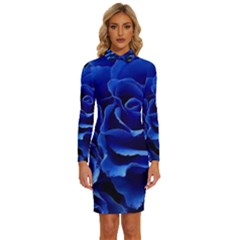 Blue Roses Flowers Plant Romance Blossom Bloom Nature Flora Petals Long Sleeve Shirt Collar Bodycon Dress