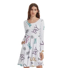 Doodle Pattern Long Sleeve Knee Length Skater Dress With Pockets