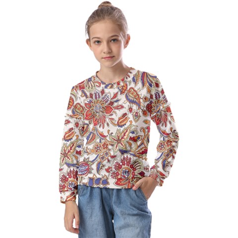 Retro Paisley Patterns, Floral Patterns, Background Kids  Long Sleeve T-shirt With Frill  by nateshop