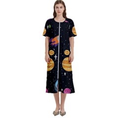 Space Cartoon, Planets, Rockets Women s Cotton Short Sleeve Night Gown by nateshop