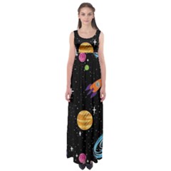 Space Cartoon, Planets, Rockets Empire Waist Maxi Dress