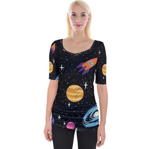 Space Cartoon, Planets, Rockets Wide Neckline T-shirt by nateshop