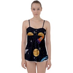 Space Cartoon, Planets, Rockets Babydoll Tankini Top by nateshop