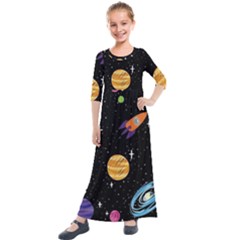 Space Cartoon, Planets, Rockets Kids  Quarter Sleeve Maxi Dress by nateshop