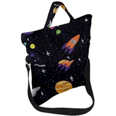 Space Cartoon, Planets, Rockets Fold Over Handle Tote Bag by nateshop