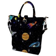 Space Cartoon, Planets, Rockets Buckle Top Tote Bag