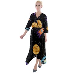 Space Cartoon, Planets, Rockets Quarter Sleeve Wrap Front Maxi Dress by nateshop