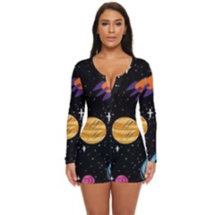 Space Cartoon, Planets, Rockets Long Sleeve Boyleg Swimsuit