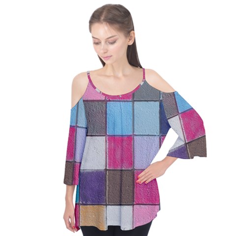 Tile, Colorful, Squares, Texture Flutter Sleeve T-shirt  by nateshop