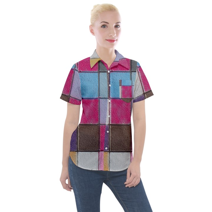 Tile, Colorful, Squares, Texture Women s Short Sleeve Pocket Shirt