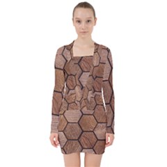 Wooden Triangles Texture, Wooden ,texture, Wooden V-neck Bodycon Long Sleeve Dress by nateshop