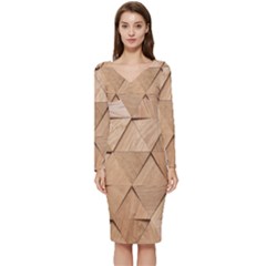 Wooden Triangles Texture, Wooden Wooden Long Sleeve V-neck Bodycon Dress  by nateshop