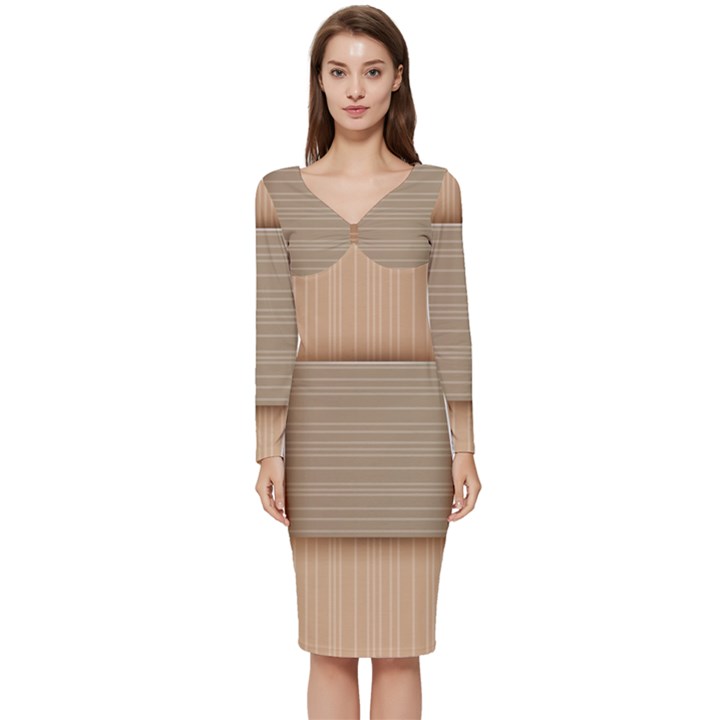 Wooden Wickerwork Textures, Square Patterns, Vector Long Sleeve V-Neck Bodycon Dress 