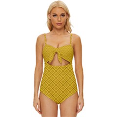Yellow Floral Pattern Vintage Pattern, Yellow Background, Knot Front One-piece Swimsuit by nateshop