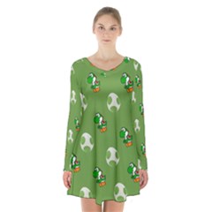 Yoshi Print, Super, Huevo, Game, Green, Egg, Mario Long Sleeve Velvet V-neck Dress by nateshop