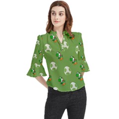 Yoshi Print, Super, Huevo, Game, Green, Egg, Mario Loose Horn Sleeve Chiffon Blouse