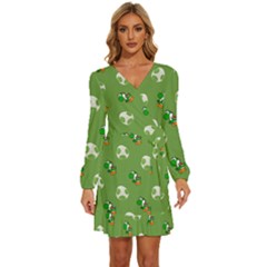 Yoshi Print, Super, Huevo, Game, Green, Egg, Mario Long Sleeve Waist Tie Ruffle Velvet Dress