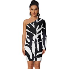 Zebra-black White Long Sleeve One Shoulder Mini Dress