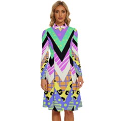 Zigzag-1 Long Sleeve Shirt Collar A-line Dress by nateshop