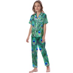 Feather, Bird, Pattern, Peacock, Texture Kids  Satin Short Sleeve Pajamas Set