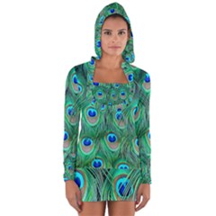 Peacock Feathers, Bonito, Bird, Blue, Colorful, Feathers Long Sleeve Hooded T-shirt