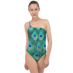 Peacock Feathers, Bonito, Bird, Blue, Colorful, Feathers Classic One Shoulder Swimsuit by nateshop