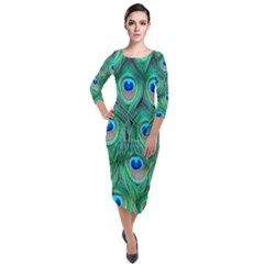 Peacock Feathers, Bonito, Bird, Blue, Colorful, Feathers Quarter Sleeve Midi Velour Bodycon Dress by nateshop