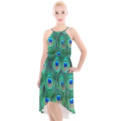 Peacock Feathers, Bonito, Bird, Blue, Colorful, Feathers High-low Halter Chiffon Dress  by nateshop